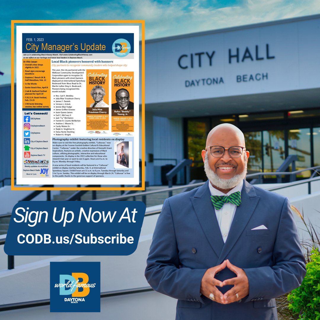 CityDaytona's tweet photo. Read the latest City Manager’s Update online at https://t.co/DhPtuyo63q. This informative newsletter is published twice a month. Sign up at https://t.co/CNhAtJ3jQj and get it sent directly to your inbox or via text. #CityDaytonaBeach #DBAccelerate #BeInformed https://t.co/IswG1CYFRs