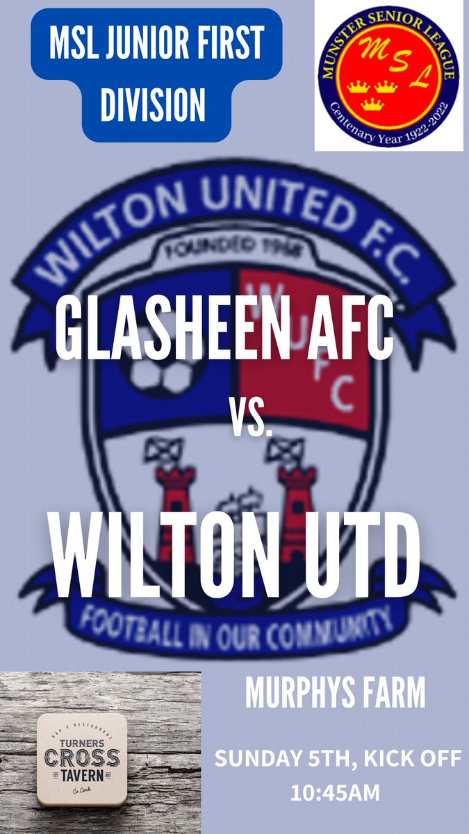 WiltonUnitedFC's tweet photo. This weekend our Juniors travel to Murphys Farm to take on Glasheen in a rearranged fixture... Best of luck lads @GlasheenAFC @MunsterSenLgue @turnerscrosstav https://t.co/zt8gCz1zIG
