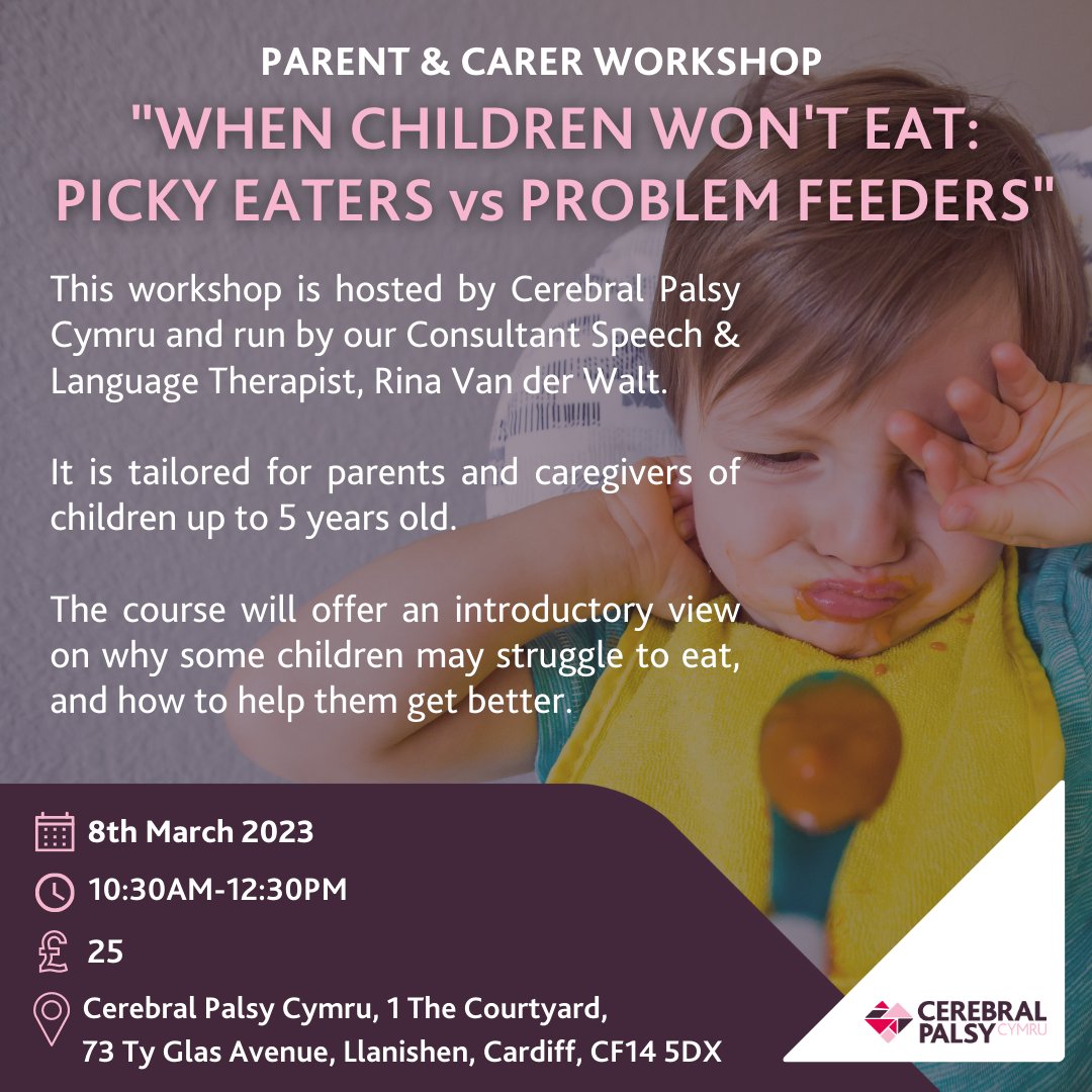 🍽️ We are hosting our Picky Eaters workshop on the 8th of March, from 10:30 to 12:30! 🍽️

To register your interest in this workshop and receive further information, please contact Anne Cleall at annec@cerebralpalsycymru.org; or phone Anne at 02920 528111