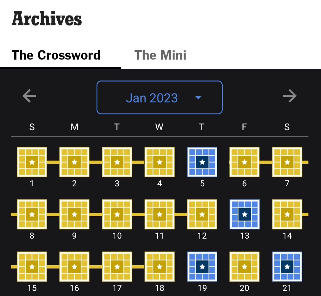 That blank space at the top to the right of "The Crossword" and "The Mini" would be a great place for "Variety Puzzles"

Please forgive my lack of streak.