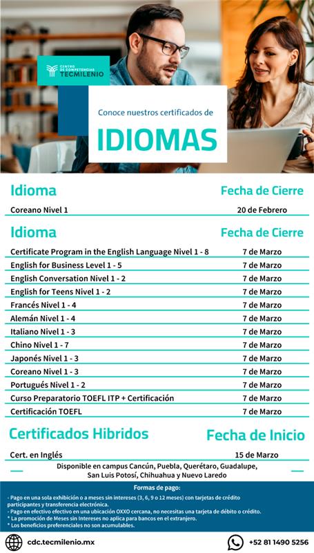 Estos son los certificados que iniciaremos este febrero 🙌
¿Cuál elegirás para formar parte de nuestra comunidad de #Aprendedores? 

#CDCTecmilenio #Certificados #Febrero #CDCidiomas