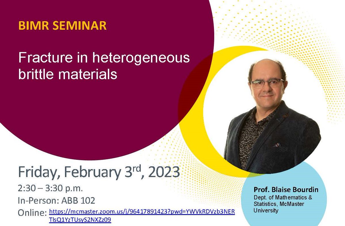 Seminar Reminder: Join us tomorrow Friday Feb 3rd at 2.30pm for a seminar presented by Prof Blaise Bourdin from the Dept of Mathematics and Statistics. He will present his work on "Fracture in heterogeneous brittle materials". Details: brockhouse.mcmaster.ca/events/