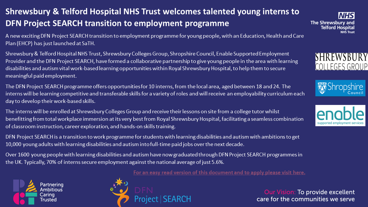 Shrewsbury & Telford Hospital NHS Trust welcomes talented young interns to DFN Project SEARCH transition to employment programme For further information - scg.ac.uk/courses/prepar…