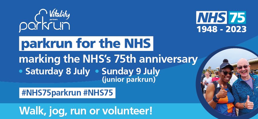 We’re delighted to have teamed up with the <a href="/NHSEngland/">NHS England</a> to mark the NHS’s 75th anniversary this July 👉 parkrun.me/fjp06

NHS staff and volunteers, as well as local communities, will be encouraged to ‘parkrun for the NHS’ on 8 and 9 July.

🌳 #loveparkrun #NHS75parkrun