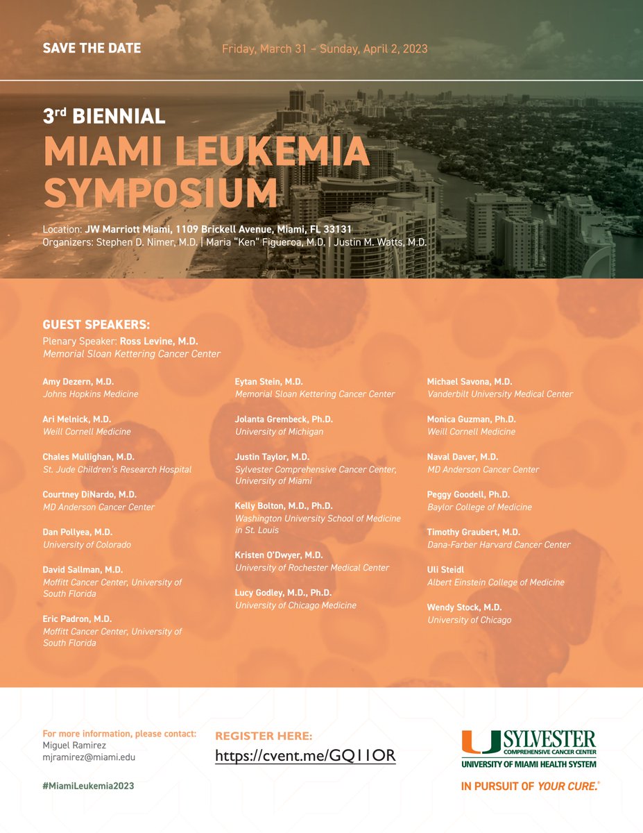 Dr. Maria “Ken” Figueroa (@kenfigueroalab) on Twitter photo Don't miss the 3rd Biennial Leukemia Symposium March 31-April 2 organized by <a href="/SylvesterCancer/">Sylvester Comprehensive Cancer Center</a>. Amazing speakers will cover the latest clinical and translational breakthroughs in AML, MDS and ALL. <a href="/DrSDNimer/">Stephen D. Nimer, MD</a> <a href="/MikkaelSekeres/">Mikkael A. Sekeres MD, MS</a> <a href="/JustinWattsMD/">Justin Watts MD</a>. Don't miss the 3rd Biennial Leukemia Symposium March 31-April 2 organized by <a href="/SylvesterCancer/">Sylvester Comprehensive Cancer Center</a>. Amazing speakers will cover the latest clinical and translational breakthroughs in AML, MDS and ALL. <a href="/DrSDNimer/">Stephen D. Nimer, MD</a> <a href="/MikkaelSekeres/">Mikkael A. Sekeres MD, MS</a> <a href="/JustinWattsMD/">Justin Watts MD</a>.