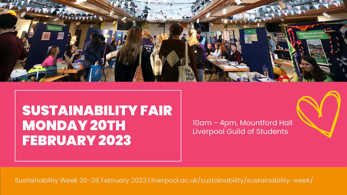 livunisustain's tweet photo. Kick off #SustainabilityWeek at our flagship event, Sustainability Fair Mon 20 Feb 10-4 at @LiverpoolGuild Speak to staff, students, societies, and a range of local businesses who will be showcasing their sustainable projects, achievements and giveaways 👉 https://t.co/38MNDH3nh4 https://t.co/kidWfomkCh