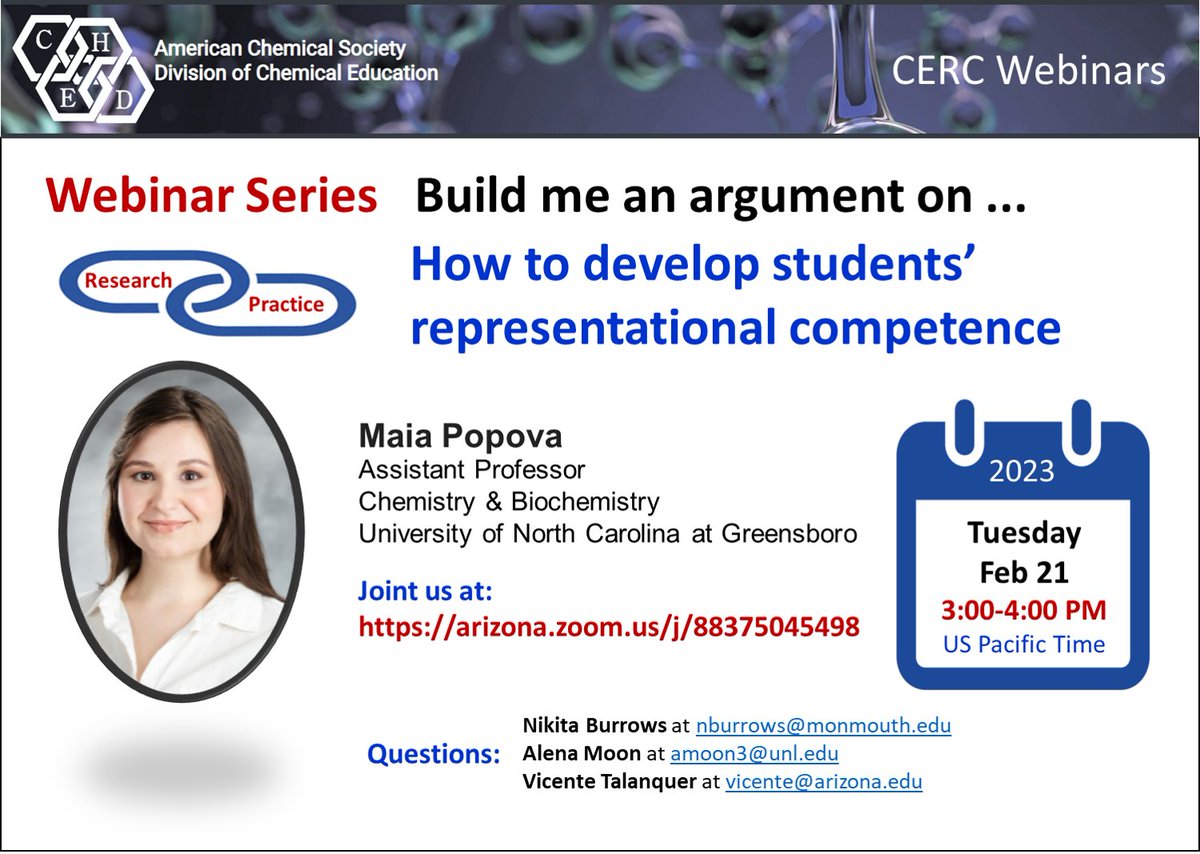 Please, join us for our next DivCHED-CERC Webinar with Dr. Maia Popova on February 21 at 3 PM (PST) at arizona.zoom.us/j/88375045498. Share this information with anyone interested in chemistry education.
