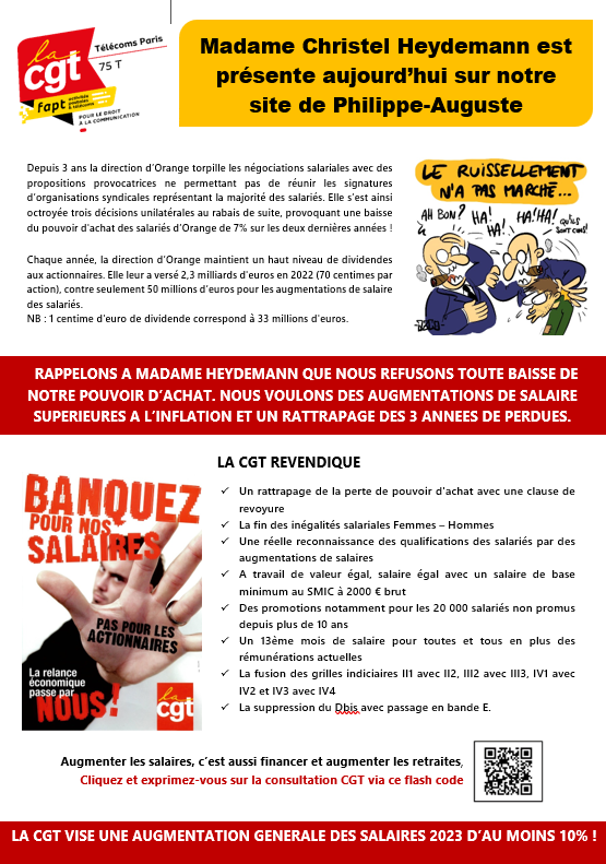 CgtTelecomParis's tweet photo. #Orange #DOIDF
@Cheydema était présente aujourd'hui sur le site de Philippe-Auguste. La CGT lui a souhaité la bienvenue et lui a remis le tract en pièce jointe en main propre.
Oui Madame, nous revendiquons au moins 10% d'augmentation générale des salaires. https://t.co/iTicofClR4