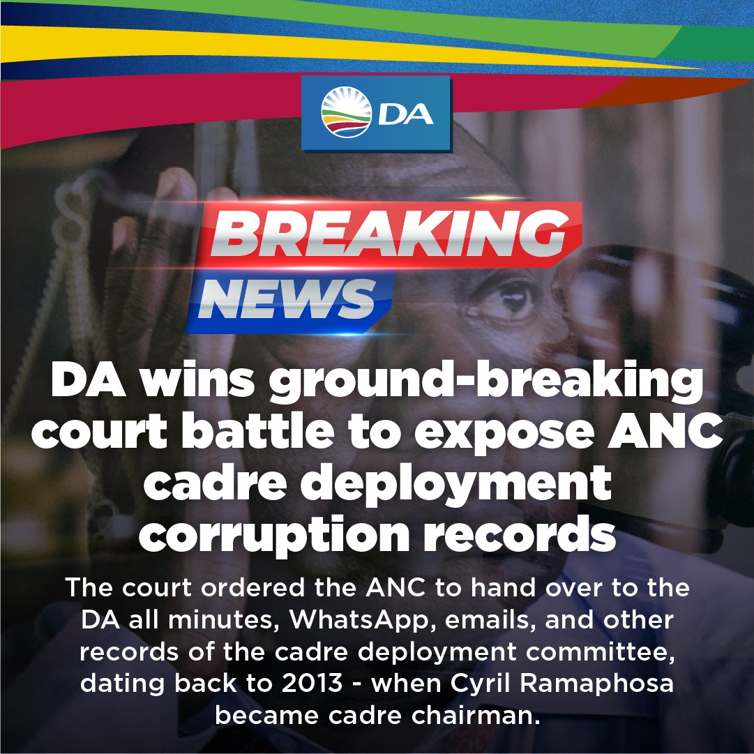 🚨 | In a ground-breaking judgment handed down today by the High Court, the DA has won the battle to expose complete records of the ANC national cadre deployment committee’s role in the corruption, capture, and collapse of SA’s public sector.

Read more: da.org.za/2023/02/da-win…