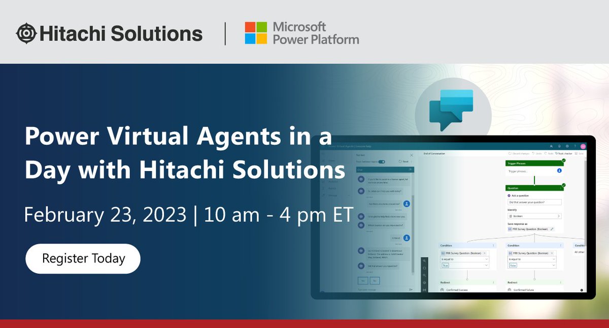 HitachiSolCa's tweet image. Join us on February 23rd, from 10 ET – 4ET, for a Power Virtual Agents in a Day (PVAIAD) workshop, where a Microsoft Certified Partner will help you get started on using Power Virtual Agents!
#HitachiSolutions #PowerPlatform #PowerVirtualAgent livesocial.seismic.com/tqUxMB