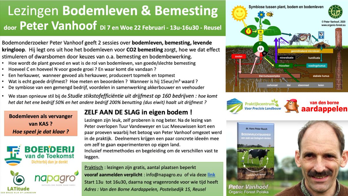 Op 7 februari en 22 februari worden er lezingen gehouden over het thema Bodemleven &amp; Bemesting.

Bodemonderzoeker Peter Vanhoof neemt je mee in bodemleven, bemesting, levende kringloop met praktische handvaten.

Voor meer info: tinyurl.com/4mcvz5af