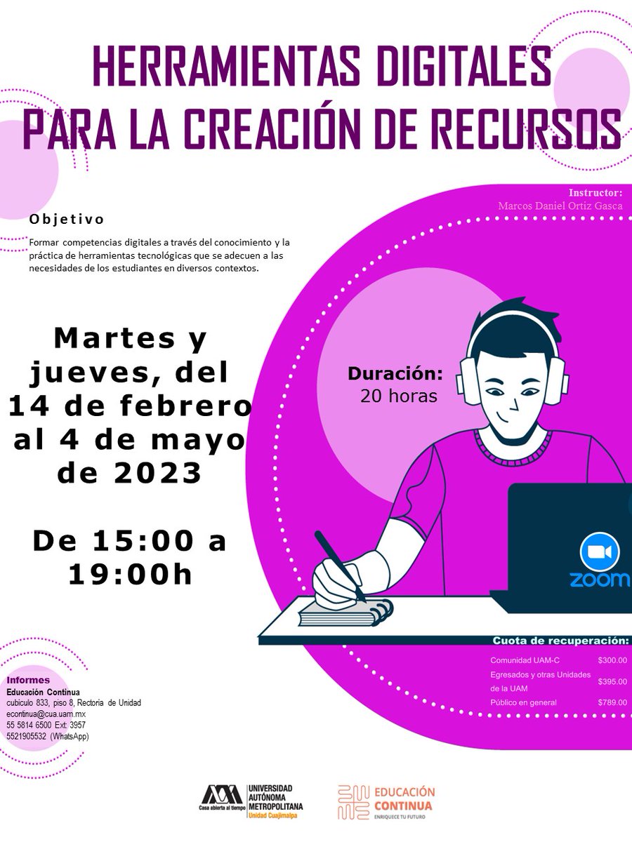 lauammx's tweet photo. Curso: Herramientas digitales para la creación de recursos
.
🗓 FEBRERO 14 A MAYO 4
📧 Informes y registro: econtinua@cua.uam.mx
📲 WhatsApp: 55 2190 5532
📲 Teléfono: 55 5814 6500 Ext. 3957
📍 Unidad Cuajimalpa
.
#UAM #SoyUAM #UAMCuajimalpa
#UAMInstructiva https://t.co/Tl8RvOxg5Z