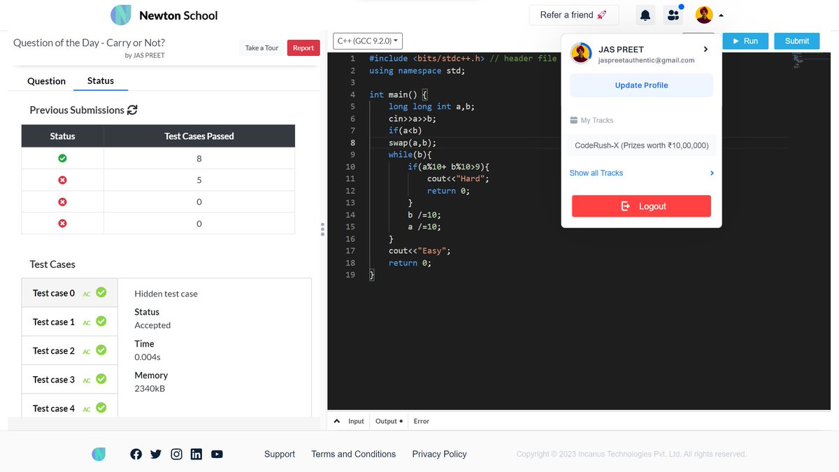 jaspreetinfosec's tweet image. Today I have solved &quot;Carry or Not?&quot; using #cplusplus 
#Day18  of #30daysofcode 
@everydaycoders

#community #coding #programming #competitiveprogramming #codingchallenge #dsa #bubbleupcommunity #codedu