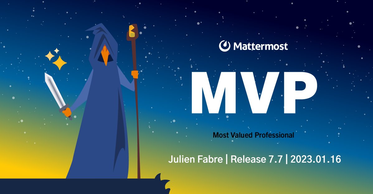 Mattermost's tweet photo. Congratulations to Mattermost Release v7.7 MVP @Jufab33! Thank you so much for your contributions to the Mattermost project.

https://t.co/j2RlH8sBFI https://t.co/lc5aluWmOp