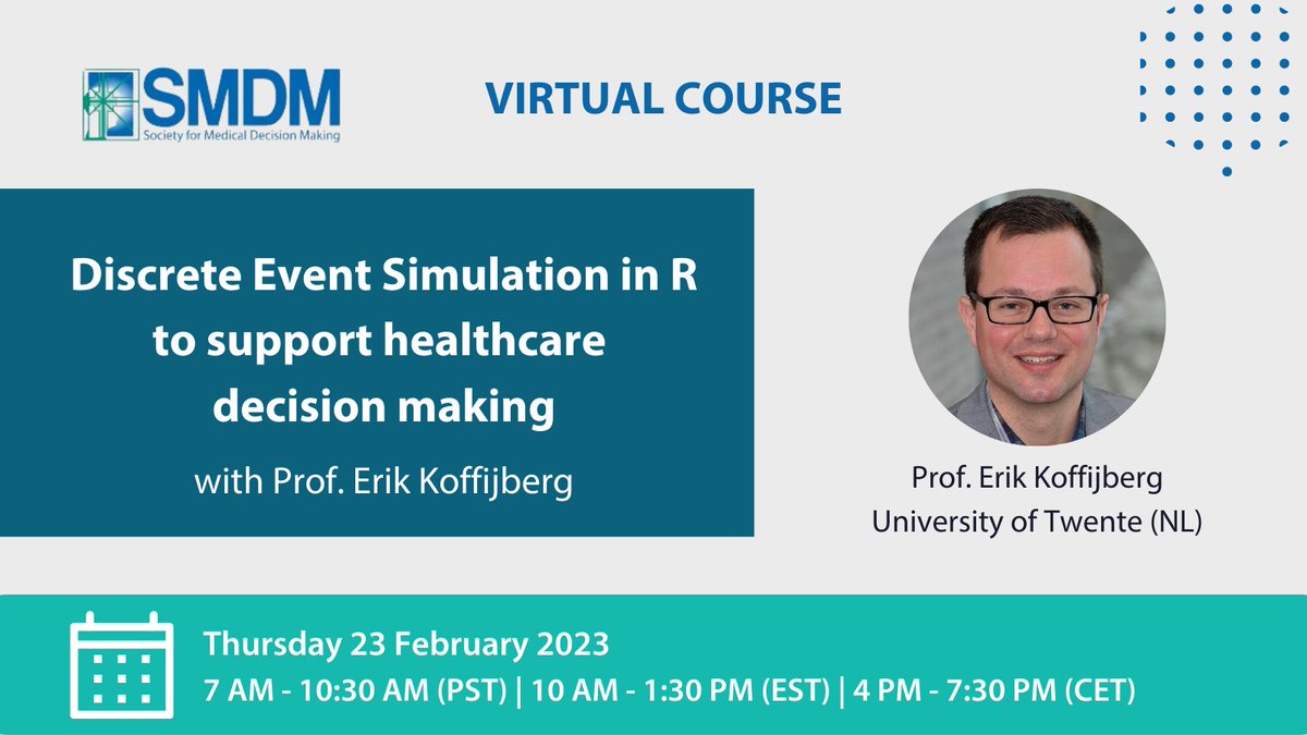 Society for Medical Decision Making (SMDM) (@socmdm) on Twitter photo Would you like to learn more about Discrete Event Simulation in R to support #healthcare #decisionmaking?
Join our upcoming online course 👉 bit.ly/3DBklW6
⏰ Thursday 28 Feb at 7AM PST | 10AM EST | 4PM CET
<a href="/ErikKoffijberg/">Erik Koffijberg</a> <a href="/k_degeling/">Koen Degeling</a> <a href="/mivandev/">Michiel van de Ven</a> Would you like to learn more about Discrete Event Simulation in R to support #healthcare #decisionmaking?
Join our upcoming online course 👉 bit.ly/3DBklW6
⏰ Thursday 28 Feb at 7AM PST | 10AM EST | 4PM CET
<a href="/ErikKoffijberg/">Erik Koffijberg</a> <a href="/k_degeling/">Koen Degeling</a> <a href="/mivandev/">Michiel van de Ven</a>