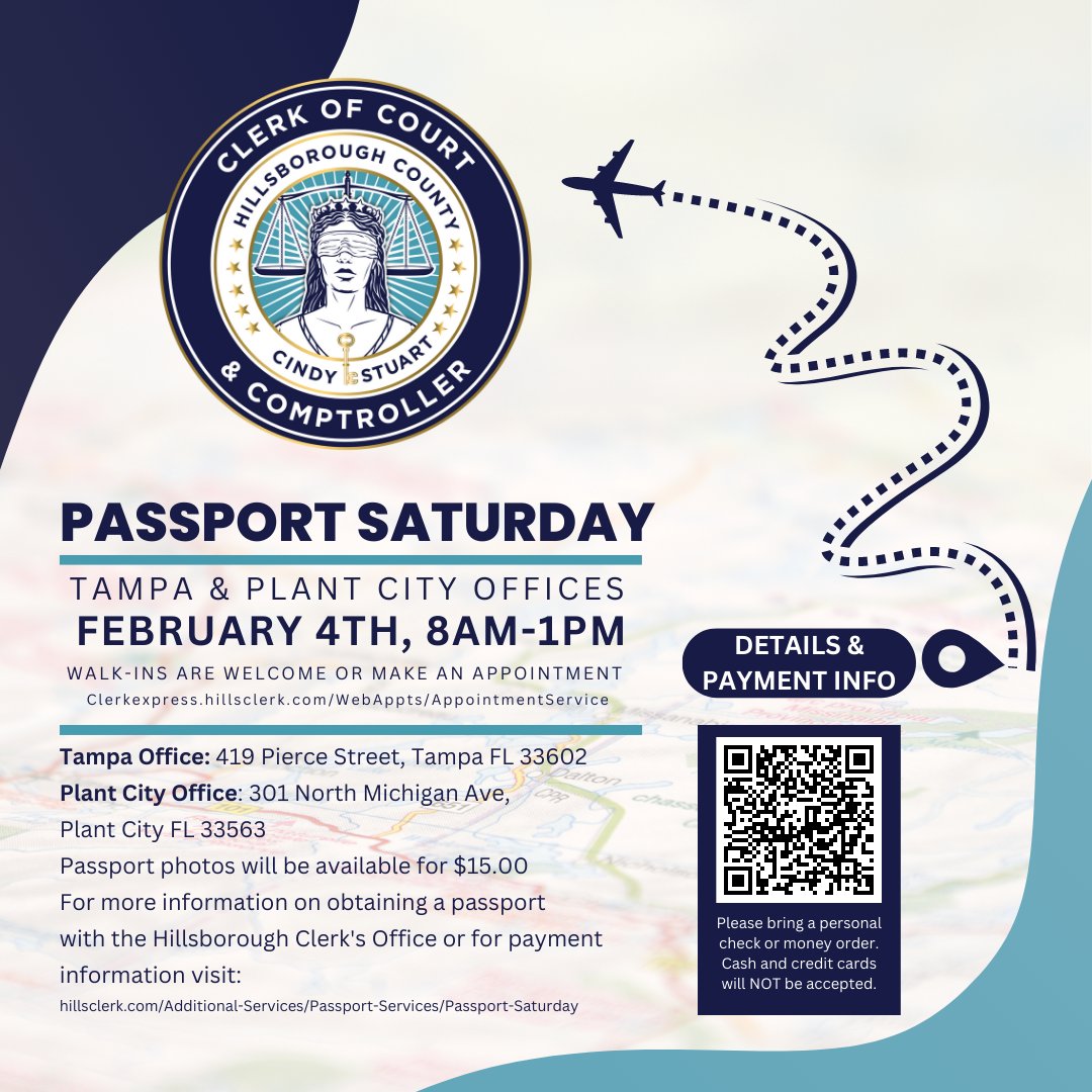 hillsclerk's tweet photo. Passport Saturday is coming up on Feb 4th. Use the link below to sign up. Hurry, appointments are filling up fast!

Important reminder - Please bring a personal check or money order. Cash and credit cards will not be accepted.
#HillsClerk #PassportSaturday
https://t.co/Alpj5cmrRm https://t.co/YgY6lEMnXN