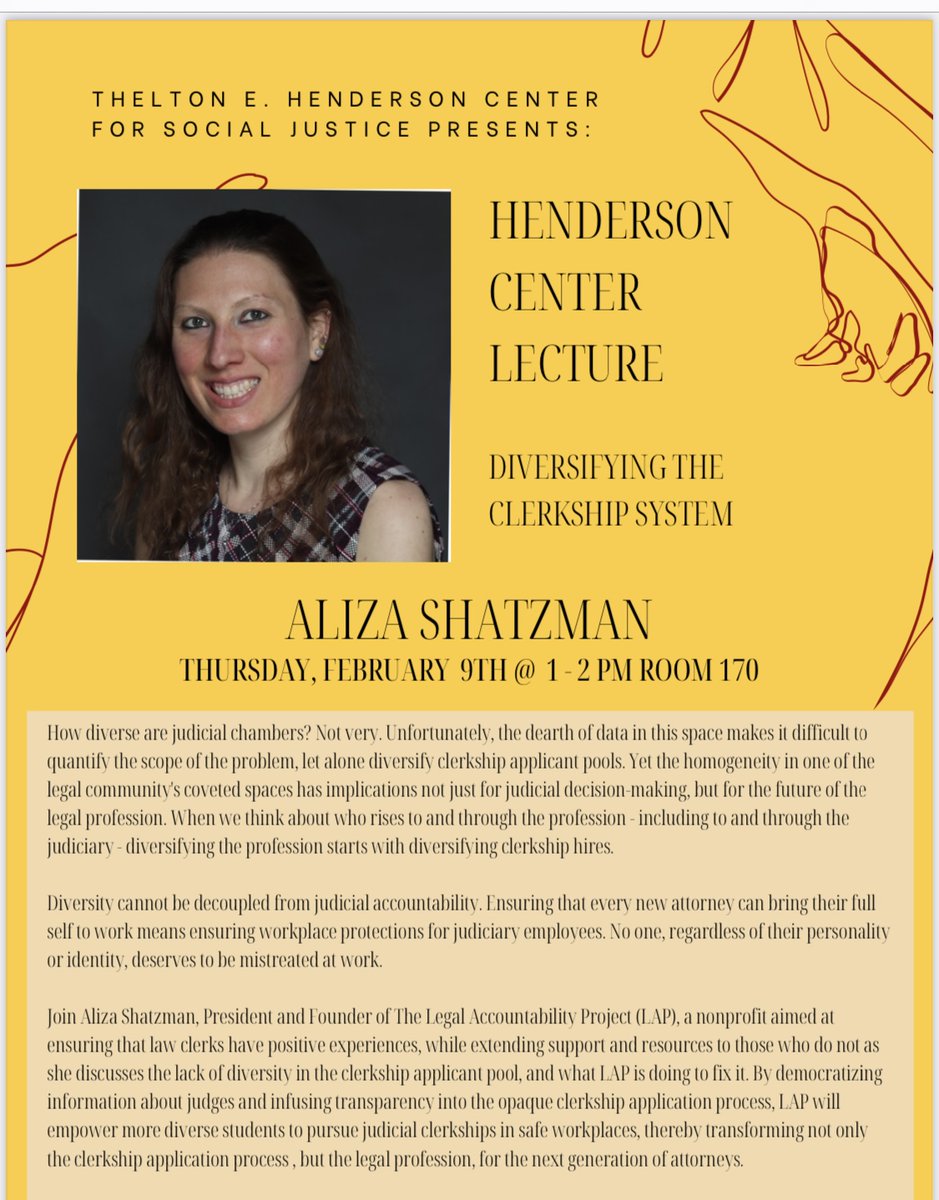 I look forward to visiting @BerkeleyLaw on Thurs 2/9 for this @CenterHenderson lecture, 'Diversifying the Clerkship System.' @savalatweets & I will discuss The Legal Accountability Project's work to diversify judicial chambers while ensuring safe work environments for clerks.👇