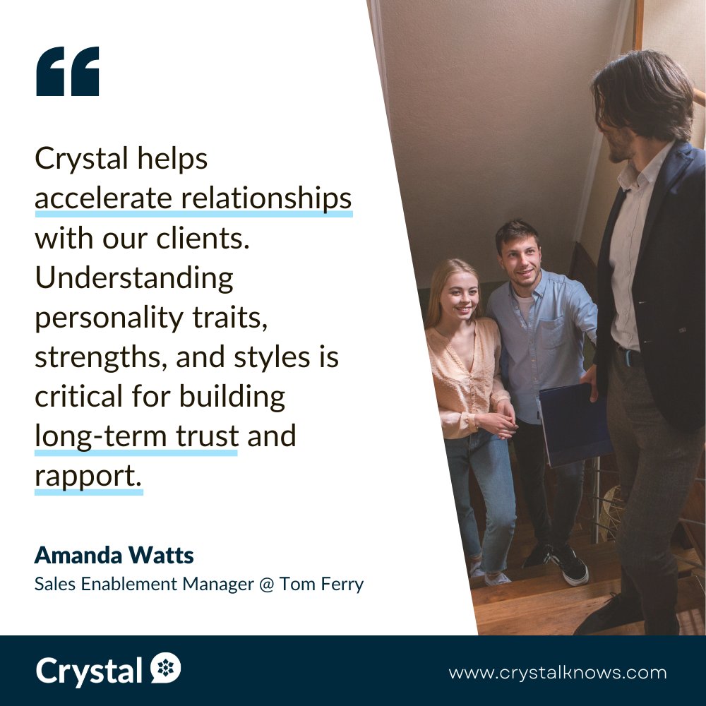 CrystalKnowsMe's tweet image. Unlock the power of personality and start accelerating customer relationships! 

Read full case study here: hubs.ly/Q01B2tCP0

#crystalknows #DISC #customizedsales #salestools #salesrep #salesmanager #salesexec #b2bsalestools #b2bsales #personalityai #personalitydatabase