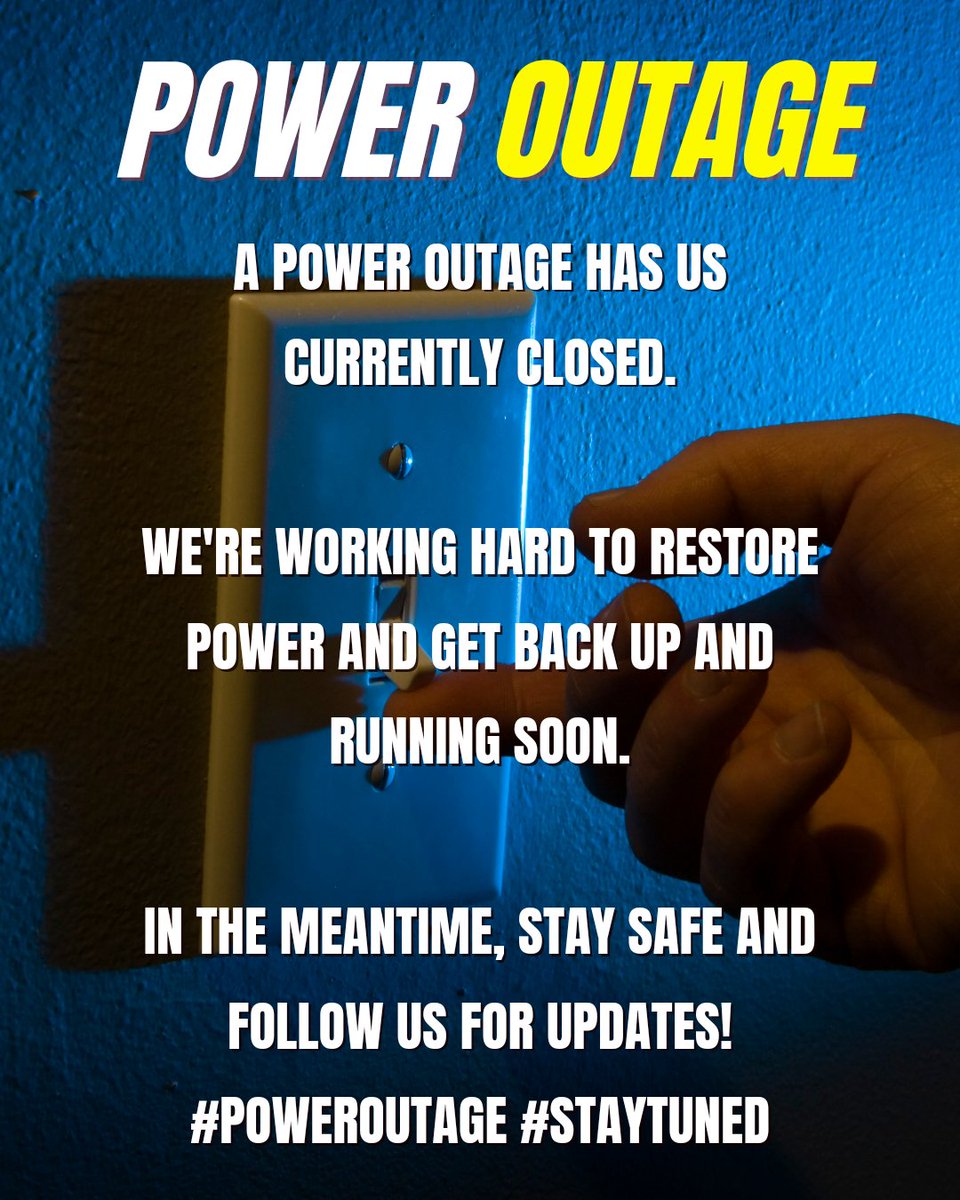 BergheimPizzaCo's tweet photo. Attention #TxHillCountry! A power outage has us currently closed. We're working hard to restore power and get back up and running soon. In the meantime, stay safe and follow us for updates! #PowerOutage #StayTuned https://t.co/ThHUFLylqY