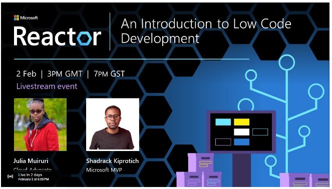 Gideon_KNgetich's tweet photo. Today was our first webinar on Introduction to low code development by Microsoft Reactor presented by @juliamuiruri4 and @myles_shadrack. Wonderful content on Microsoft Power Platform learnt and more to come.#PowerPlatformClinic https://t.co/bmdveQQ20e