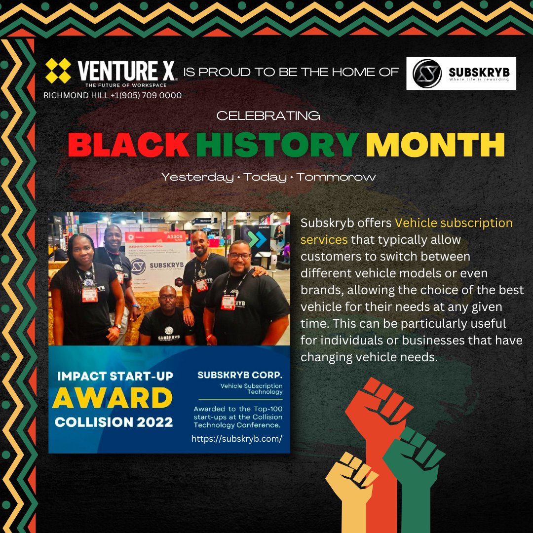 In honour of #blackhistorymonth2023, we're celebrating the incredible achievements of <a href="/getsubskryb/">subskryb</a>, a true trailblazer in the world of #entrepreneurship. Venture X Richmond Hill is a proud home of Subskryb.

To be a part of this amazing community call us at 905-709-0000.