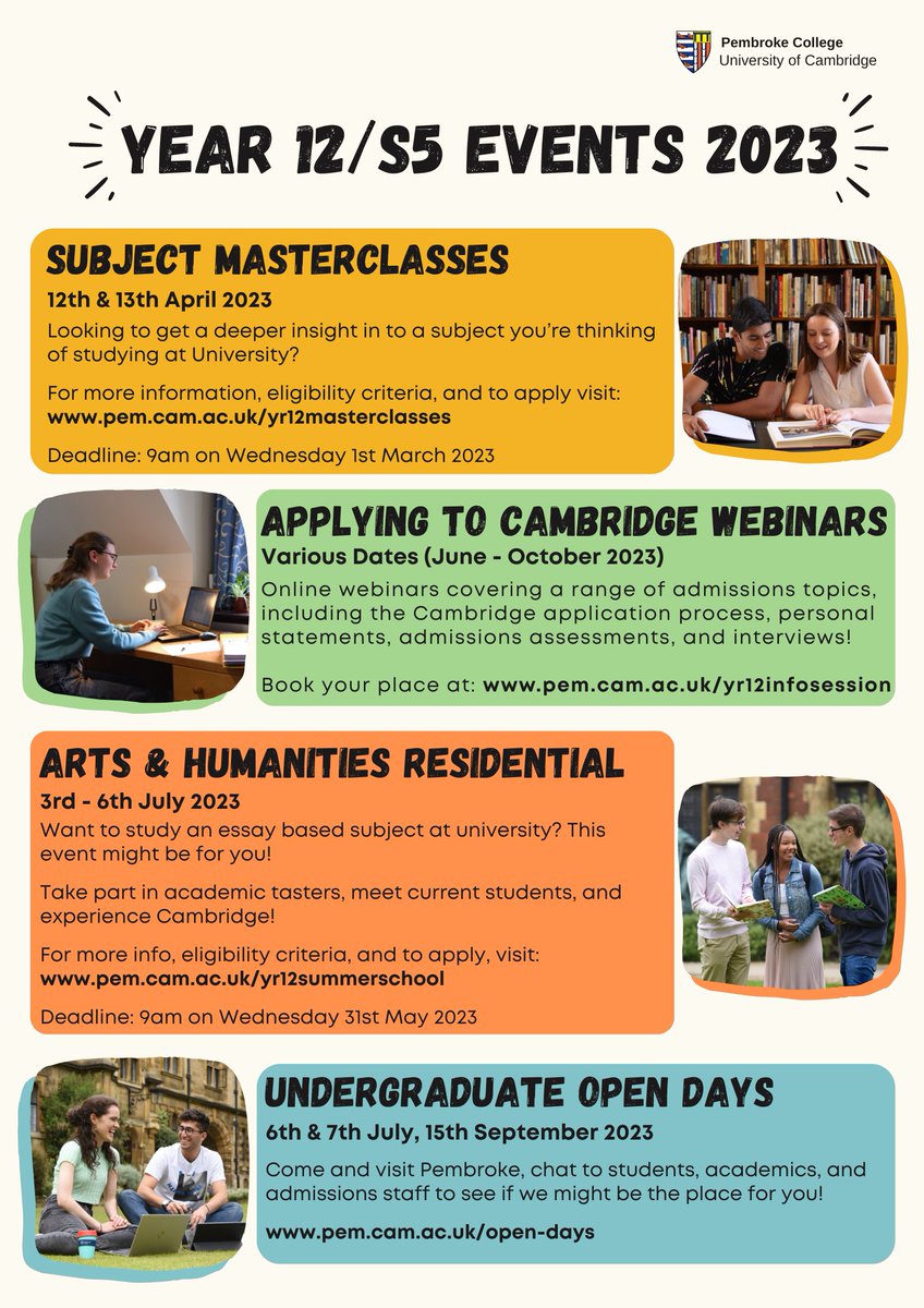 We have so many exciting events coming up for students in Year 12 (S5 Scotland, Year 13 NI)😍

To find out more about all of the below events (and more!), visit: pem.cam.ac.uk/study-here/acc…