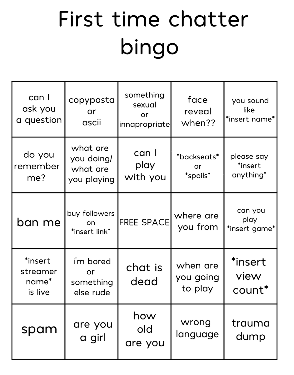 urazeta's tweet photo. First time chattar bingo inspired by a first time chatter asking "can I ask you a question" https://t.co/SfTZtAgN9T