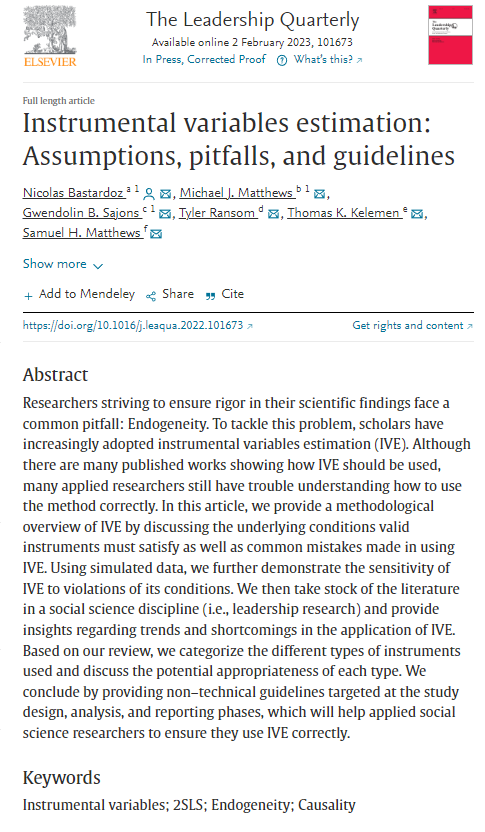 Want to learn more about instrumental variables? 

Read this, paper, which will move the field: 

doi.org/10.1016/j.leaq…