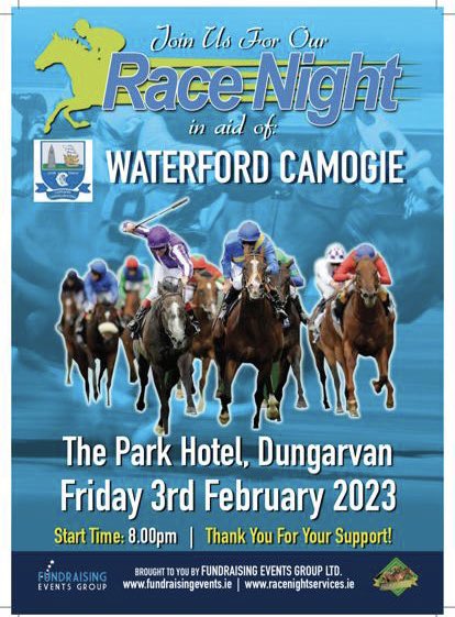 CALLING ALL CAMOGIE FANS IN WATERFORD CITY &amp; COUNTY.
We need your support for our Race Night tomorrow at the Park Hotel at 8 pm. Please support by purchasing a ticket on the link below 👇 

Family ticket only €20
Adult €10
Children €5

collectit.ie/waterfordcamog…