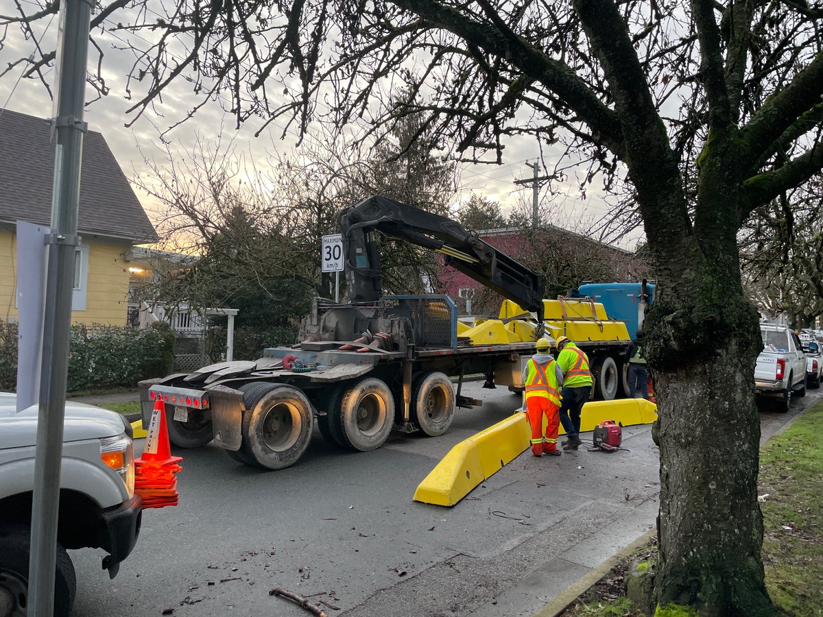 IanN_Van's tweet photo. It’s happening! Excited to see the permanent #slowstreets barriers going in at 12 t &amp; St George #Vancouver https://t.co/rRL9apwXIV
