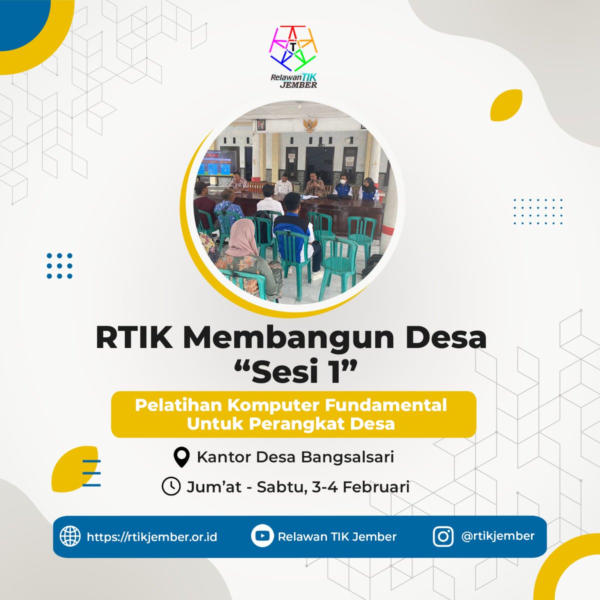 rtikjember's tweet image. Hai Sobat RTIK, gimana kabar nya? Kali ini RTIK Jember akan mengadakan Pelatihan Komputer Fundamental Untuk Perangkat Desa yang akan dilaksanakan pada:

Hari/Tgl : Jum’at - Sabtu, 3-4 Februari 2023
Pukul :13.00 WIB - Selesai
Tempat : Kantor Desa Bangsalsari