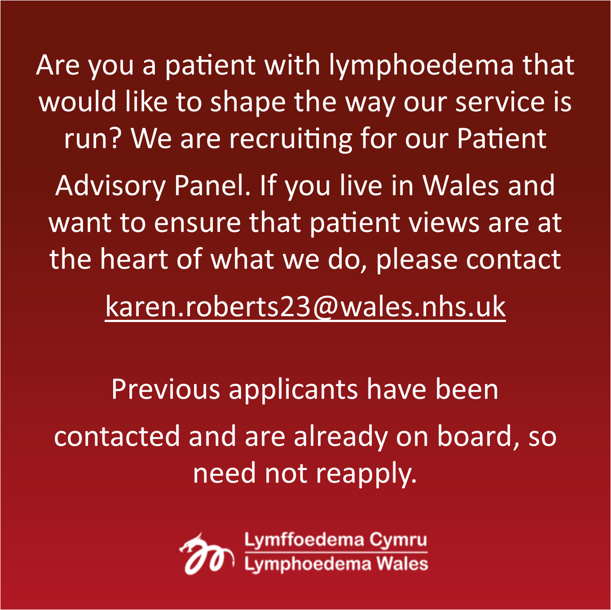 LymphNetWales's tweet photo. We are recruiting for our Patient Advisory Panel!
#patientadvisorypanel #patientadvisory #patients #recruiting #applicants #lymphoedema #lymphoedemawales #lwcn #lymphoedemawalesclinicalnetwork https://t.co/S9ahyCb0Jw