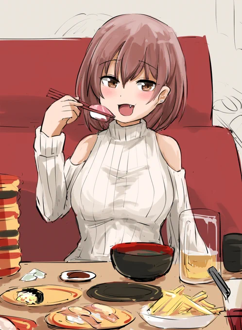 回転寿司で喜ぶ彼女 