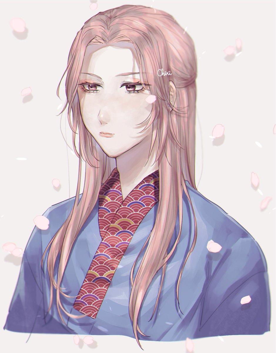 long hair solo upper body petals 1boy male focus pink hair  illustration images