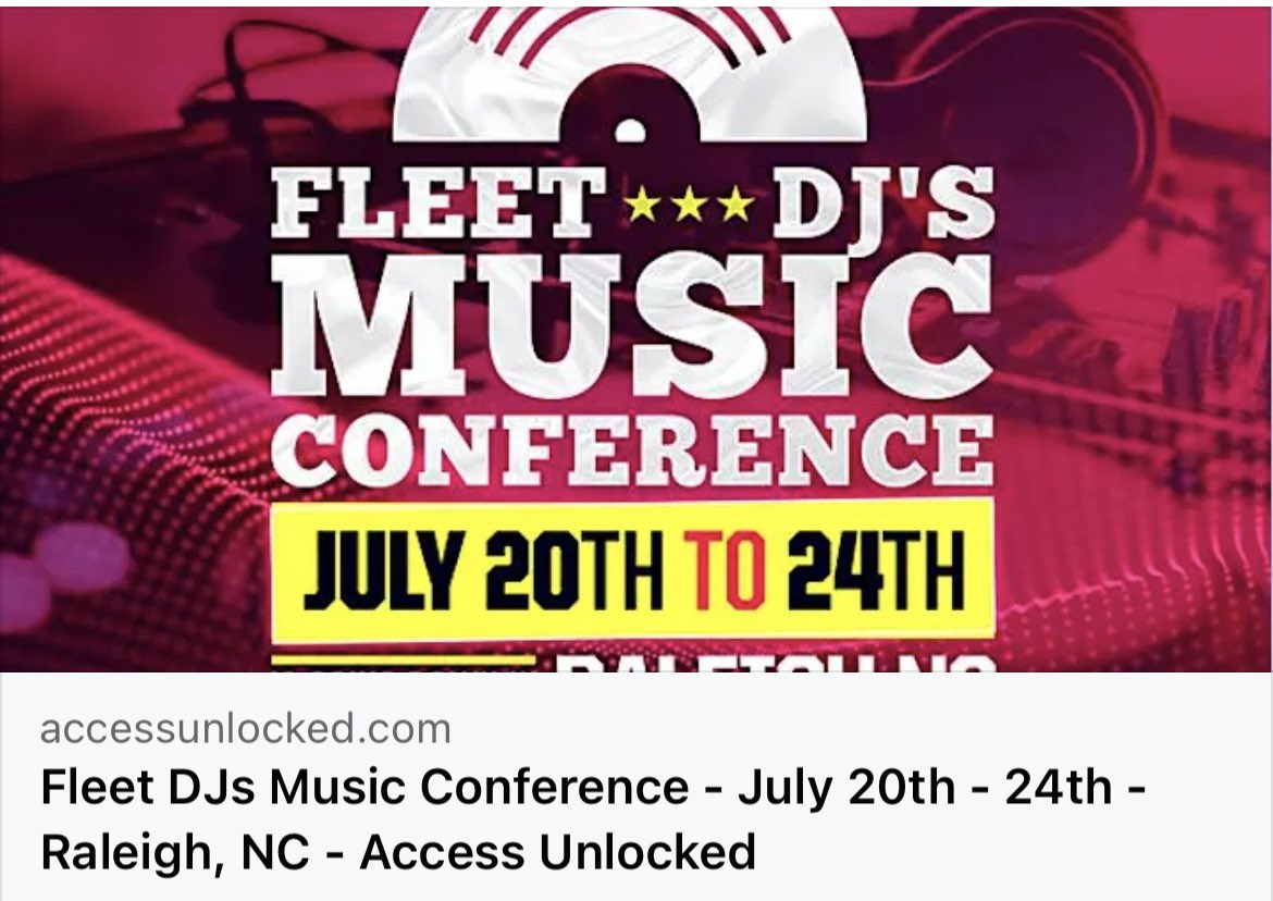 Fleet DJs - Music Conference - July 20 -24 - Raleigh, NC 

accessunlocked.com

#FleetDJs #raleigh #northcarolina #AccessUnlocked #KayeTheTruth #djs #music @fleetdjs @kayethetruth #artist #networking #branding #indieartists #recordlabel 

accessunlocked.com/fleet-djs-musi…