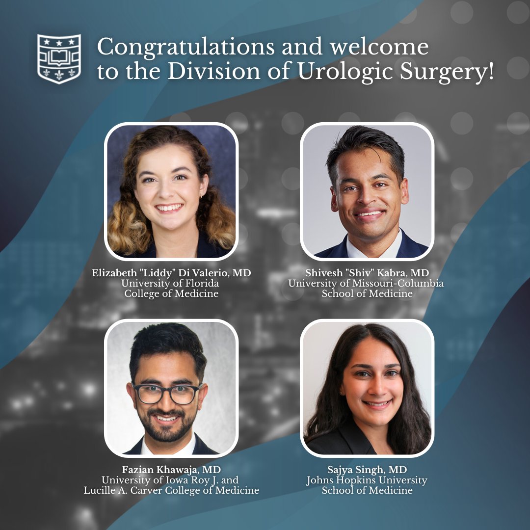 WashU Medicine Division of Urology (@washu_uro) on Twitter photo We are so pleased to welcome our new #WashUUrology interns: Liddy De Valerio, MD (<a href="/UFMedicine/">UF Medicine</a>); Shiv Kabra, MD (<a href="/mumedicine/">MU School of Medicine</a>); Fazian Khawaja, MD (@iowamed); and Sajya Singh, MD (<a href="/HopkinsMedicine/">Johns Hopkins Medicine</a>)! #UroMatch #AUAMatch #UrologyMatch #Match2023 We are so pleased to welcome our new #WashUUrology interns: Liddy De Valerio, MD (<a href="/UFMedicine/">UF Medicine</a>); Shiv Kabra, MD (<a href="/mumedicine/">MU School of Medicine</a>); Fazian Khawaja, MD (@iowamed); and Sajya Singh, MD (<a href="/HopkinsMedicine/">Johns Hopkins Medicine</a>)! #UroMatch #AUAMatch #UrologyMatch #Match2023