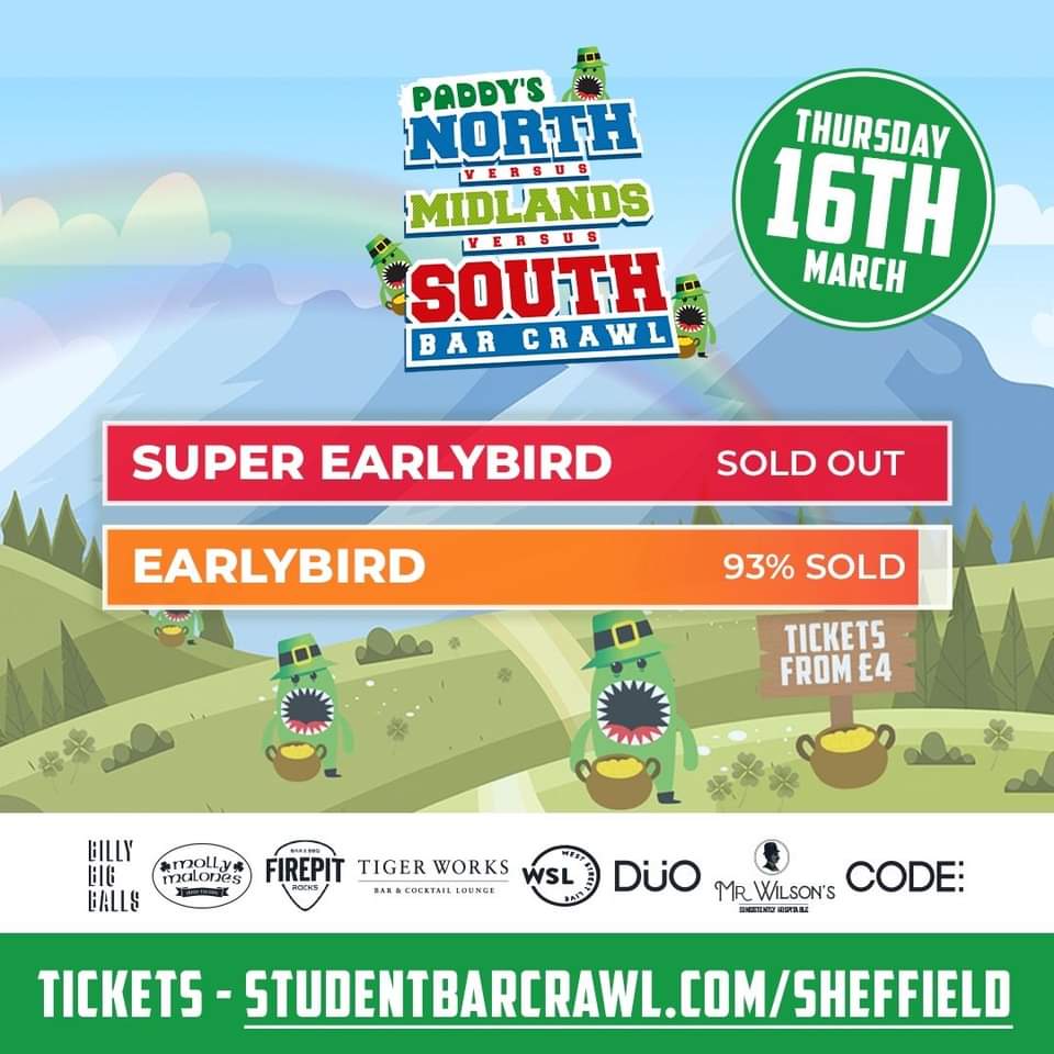 The North vs. Midlands vs. South Bar Crawl returns on Thursday 16th March for the St. Patrick’s Day special! 🍀

There are just a handful of £6 tickets remaining, and that price includes your very own customisable T-shirt!

Book your tickets now at studentbarcrawl.com/tickets