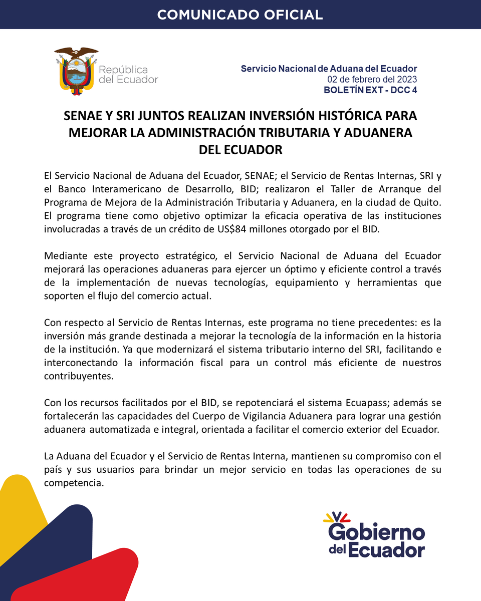 SENAE_Aduana's tweet image. #AduanaEc y @SRIoficialEc realizaron el lanzamiento del taller de arranque del Proyecto de Repotenciación del #Ecuapass.

Este programa busca:

✅Optimizar las operaciones aduaneras.
✅Realizar un eficiente control.
✅Implementar nuevas tecnologías.

🛃🇪🇨💪🏼
