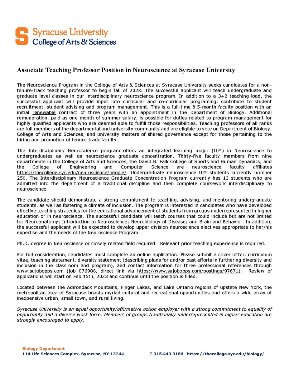 SUBiology's tweet image. We&apos;re Hiring! The SU Neuroscience Program has an opening for a non-tenure-track teaching professor to begin fall of 2023. view the full posting at wwwsujobopps.com/postings/97671 

#DiversityinSTEM #neuroscience #neuroteaching