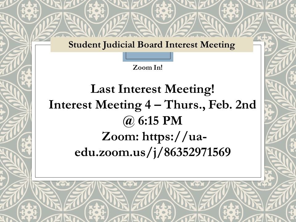 Need more information!! Join us via Zoom! Applications DUE BY Feb. 19th- BIT.LY/STUDENTJUDICIA… @uajudicialboard <a href="/uasga/">Alabama SGA</a> @bamastudentlife