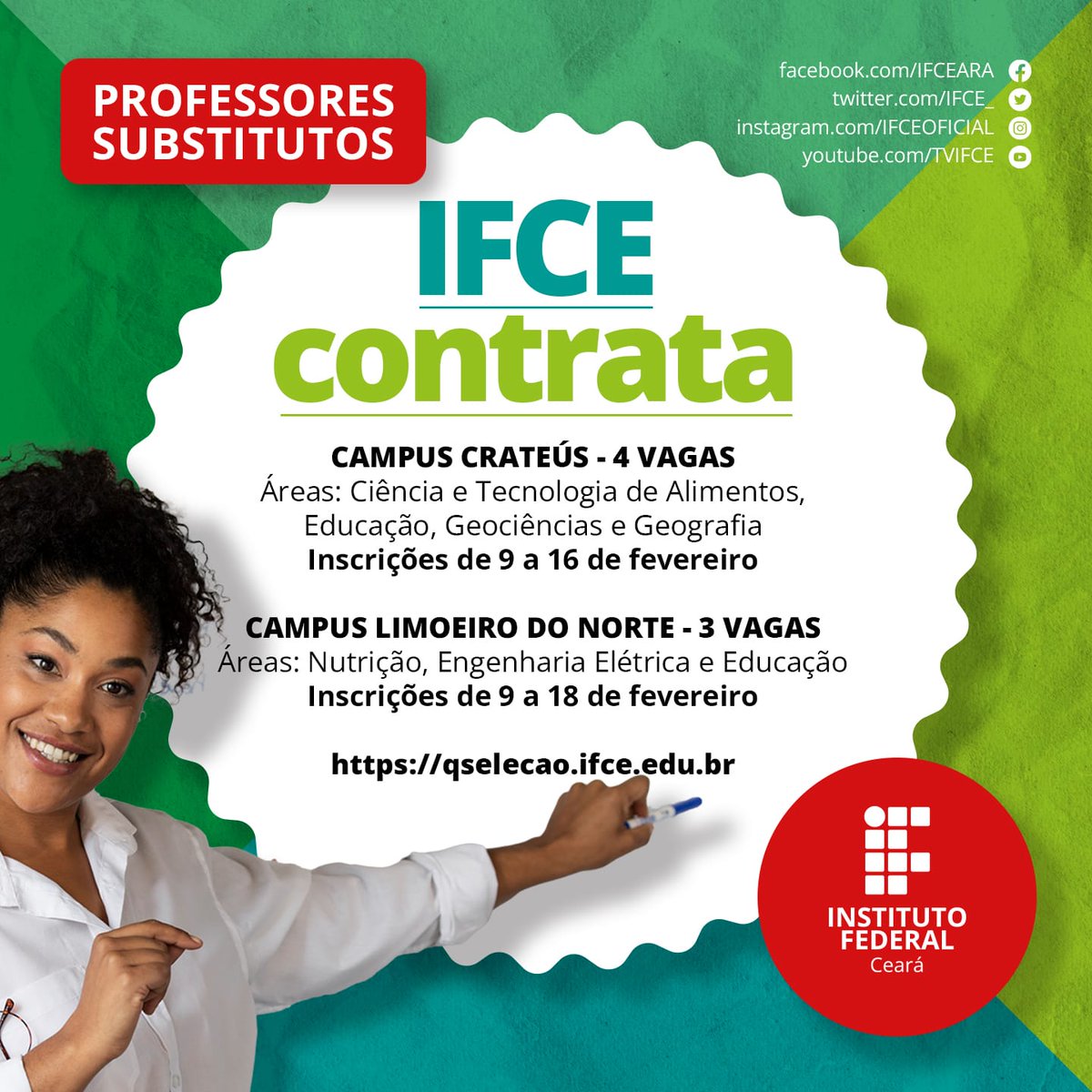 IFCE abre seleção de professor substituto para o campus Tabuleiro