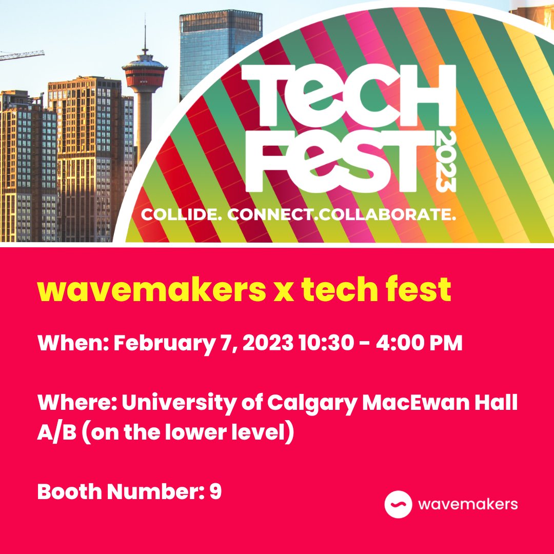 wavemakers (@bewavemakers) on Twitter photo We are so excited to attend <a href="/HunterHubYYC/">Hunter Hub @ UCalgary</a> 's Tech Fest 2023 on February 7, 2023 at <a href="/UCalgary/">U Calgary</a>!
Wavemakers Co-Founder, <a href="/KristaSP/">Krista Pawley (She/ Her/ Elle)</a>, and Student Alumni will be representing Wavemakers at Booth #9. If you're attending Tech Fest, stop by our booth to learn more about our program! We are so excited to attend <a href="/HunterHubYYC/">Hunter Hub @ UCalgary</a> 's Tech Fest 2023 on February 7, 2023 at <a href="/UCalgary/">U Calgary</a>!
Wavemakers Co-Founder, <a href="/KristaSP/">Krista Pawley (She/ Her/ Elle)</a>, and Student Alumni will be representing Wavemakers at Booth #9. If you're attending Tech Fest, stop by our booth to learn more about our program!