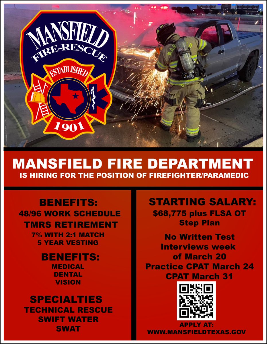 We are hiring! Firefighter/Paramedic or Paramedic only. 
48/96 schedule
Step Plan
Certification/Education pay
Come join a progressive and growing department!