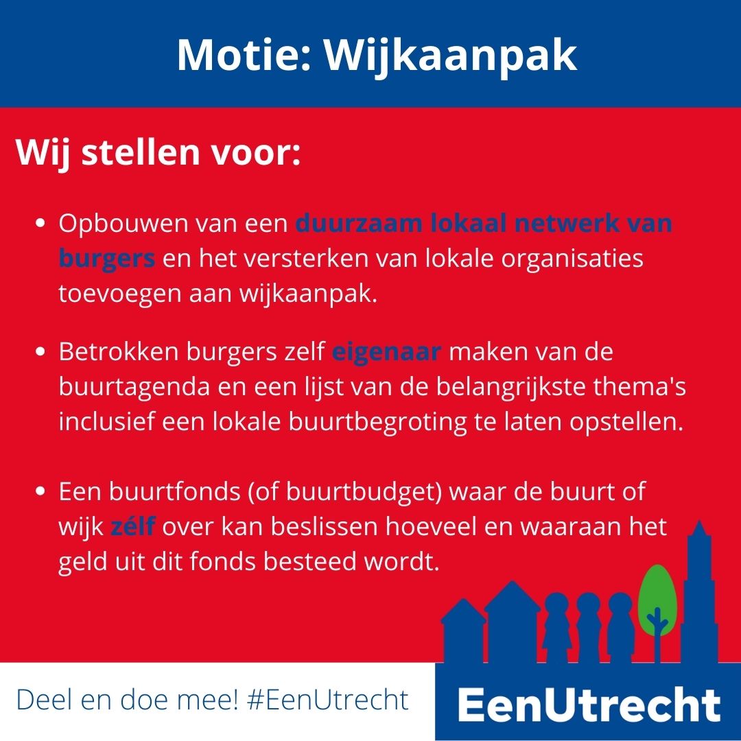 Het college heeft besloten tot het opstellen van buurtagenda’s voor Kanaleneiland, Noordwest en Leidsche Rijn. EenUtrecht vindt het een gemiste kans dat deze wijkaanpak niet wordt aangegrepen om in gemeenschapskracht te investeren.

#eenutrecht #buurtaanpak #kaneleneiland