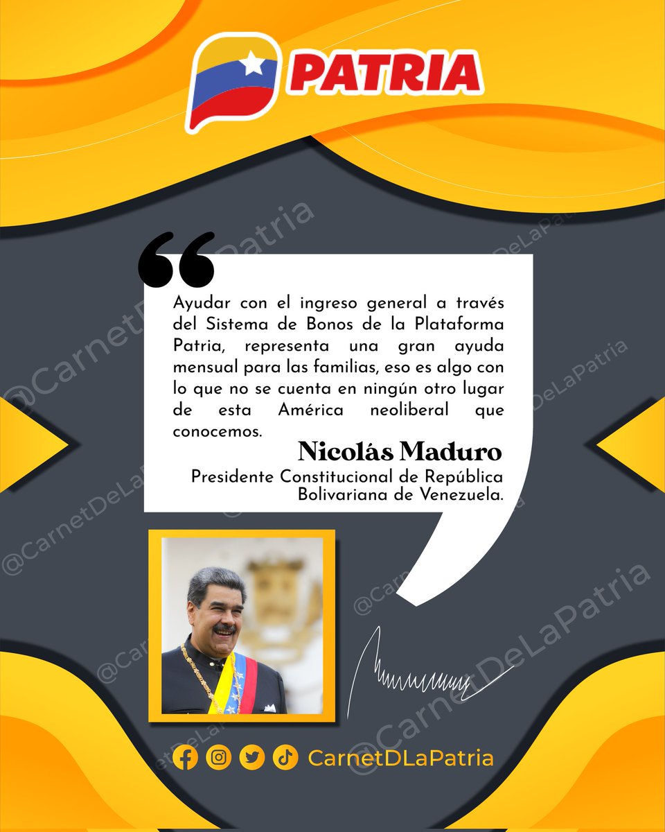 #AsiLoDijo Nuestro Presidente <a href="/NicolasMaduro/">Nicolás Maduro</a> ..."El sistema de #Bonos de la #PlataformaPatria, representa una gran ayuda mensual para la familia venezolana, algo de lo que no se cuenta en ningún otro lugar de esta América neoliberal que conocemos"...

#ChávezSiempreChávez #2Feb