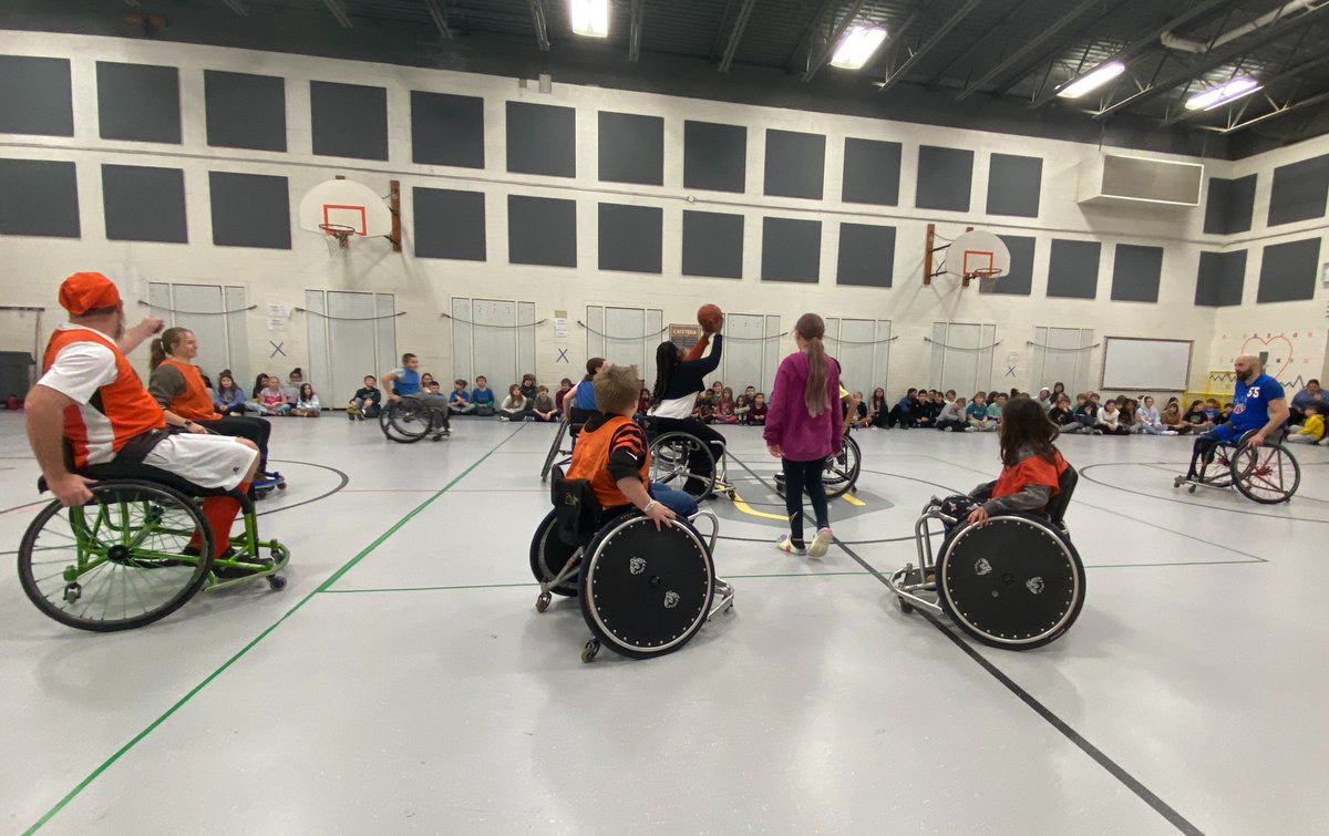 Bellevue_Ind's tweet photo. Some amazing shots of our #GESLeaders in action during yesterday's Disability Awareness presentation and wheelchair basketball game. Thanks to our friends at Skool Aid for a fun lesson on overcoming challenges! #LoveTheVue https://t.co/qg6DYEyMBf