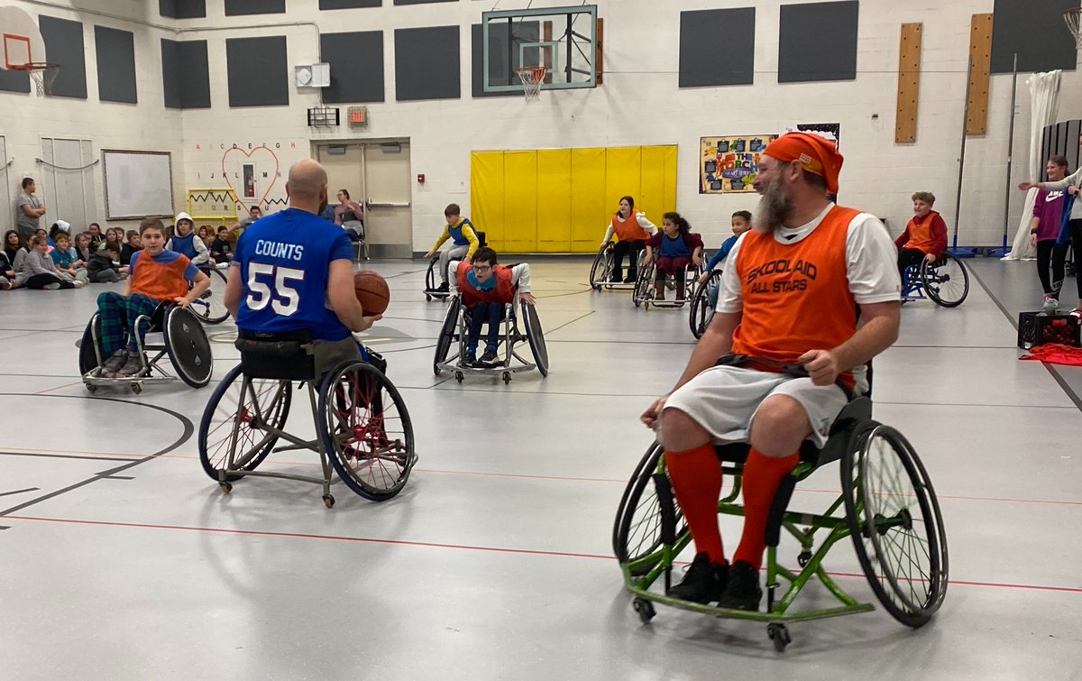 Bellevue_Ind's tweet photo. Some amazing shots of our #GESLeaders in action during yesterday's Disability Awareness presentation and wheelchair basketball game. Thanks to our friends at Skool Aid for a fun lesson on overcoming challenges! #LoveTheVue https://t.co/qg6DYEyMBf