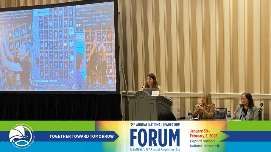 DEAHQ's tweet photo. DEA's Joanna Mlicka-Anderko &amp; Jodie Underwood at the #CADCAForum's panel "Turning Pain into Purpose for Prevention: Engaging with Grieving Families” present an overview of how DEA is engaging w/ grieving families &amp; how these families are working w/ their local coalitions. @CADCA https://t.co/B2JCoweMJr