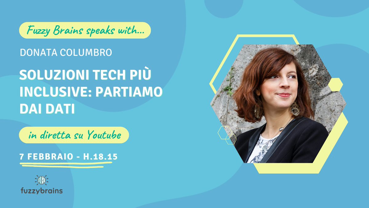 FuzzyBrainsIT's tweet image. 🔥 #FuzzyBrainsSpeaksWith torna il 7 Febbraio alle 18.15! Con noi ci sarà @donatacolumbro, con cui cercheremo di capire come trattare nel modo giusto i #dati e realizzare #algoritmi e tecnologie più inclusive!
🔔 Attiva il reminder:
🔗 youtube.com/live/fy8TK1T6P…
