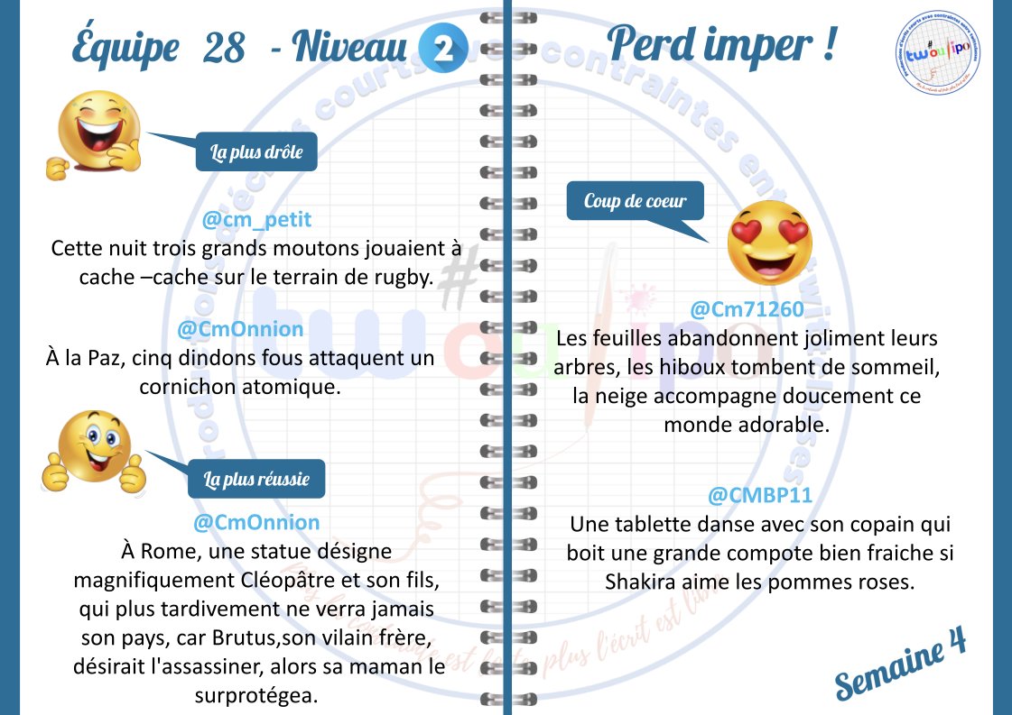 Félicitations à toutes les classes de l'#EQ28 pour leurs productions talentueuses ! Les résultats viennent récompenser 4 classes cette semaine, venant clore en beauté la saison 7.A bientôt pour le chef-d’œuvre !
<a href="/classebleuecm/">CM1/CM2 - Beaumont</a> <a href="/Cm71260/">CmAzé</a> @CmOnnion <a href="/CMBP11/">CM BP</a>
<a href="/cm_petit/">Les CM du petit Prince</a> <a href="/ClasseMonsieurA/">Classe de Monsieur A</a>
